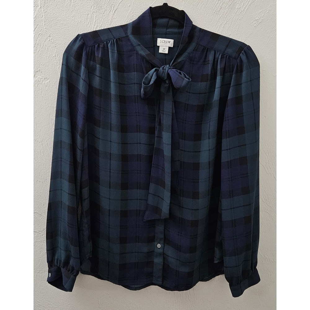 J. Crew Women's Plaid Bow Neck Top Blouse Navy Blue Green Size Medium Petite